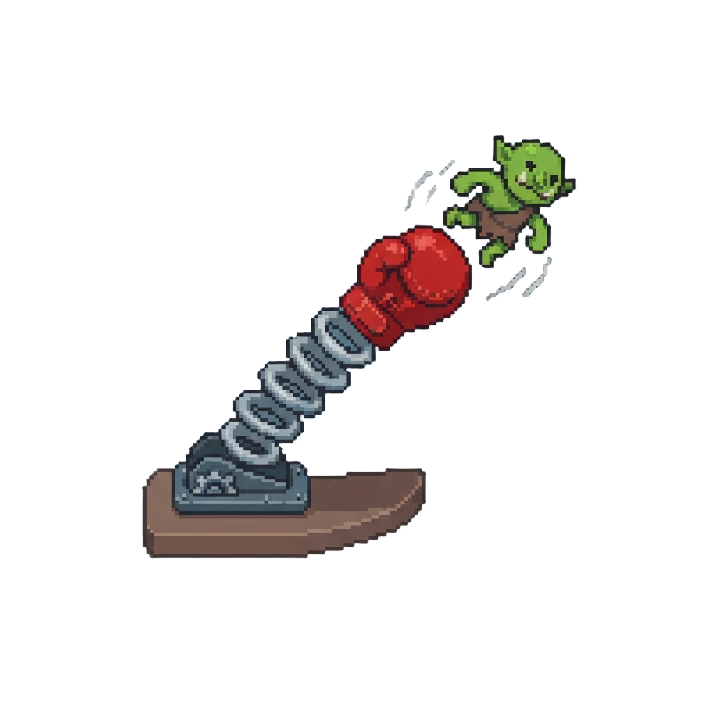 A Spring-loaded Boxing Glove Popping Out to Launch the Grot Into Orbit