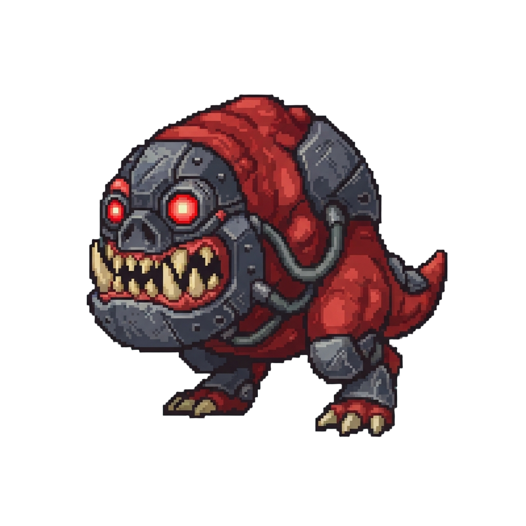 A Hulking Cybernetic Squig-monster with Glowing Red Mechanical Eyes