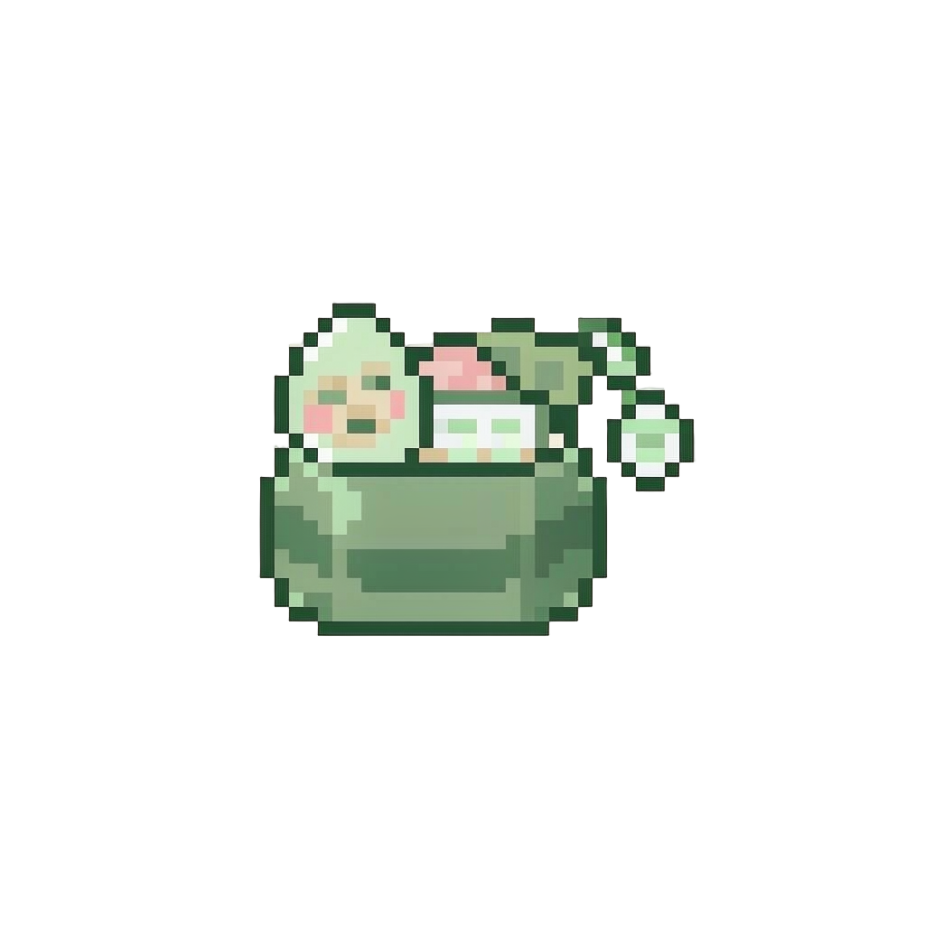 A Mint Tea Skincare Pack with a Pale Green Face Mask, Soft Pink Blush, Sage Eyeshadow Palette, and a Tea Cup Keychain