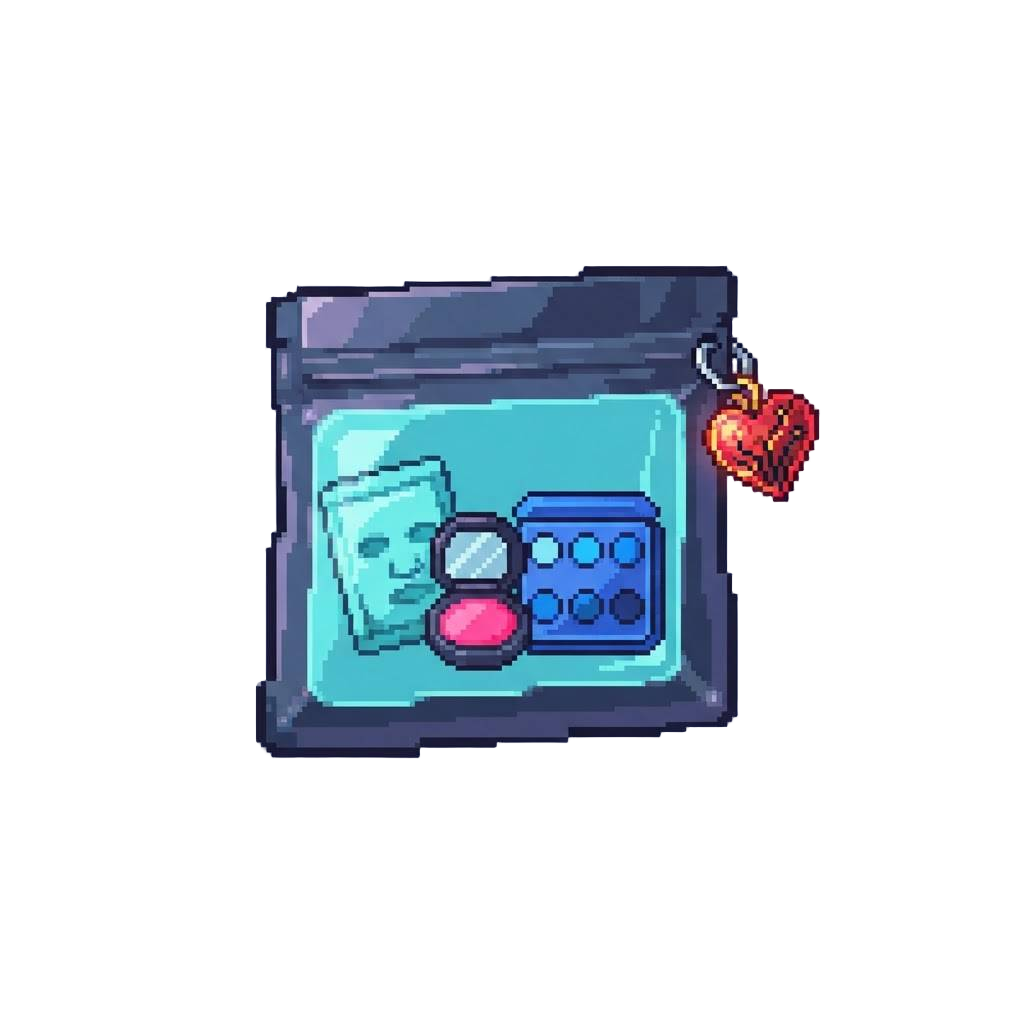 A Glow Cyber Skincare Pack with a Cyan Face Mask, Neon Pink Blush, Vivid Blue Eyeshadow Palette, and a Circuit Heart Keychain