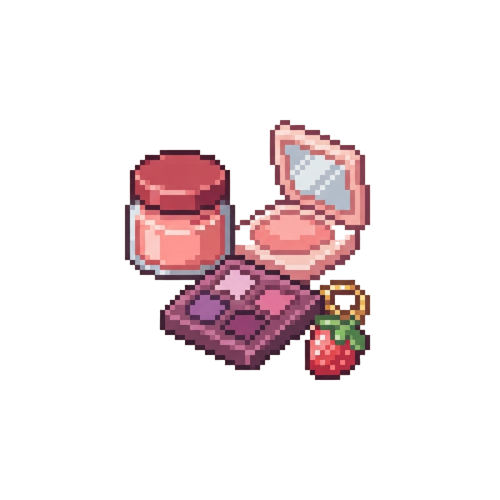 A Strawberry Skincare Pack with a Pastel Red Face Mask, Soft Rose Blush, Berry Eyeshadow Palette, and a Sweet Strawberry Keychain