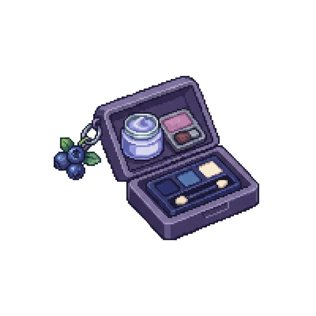 A Blueberry Skincare Pack with a Lavender-blue Face Mask, Soft Mauve Blush, Deep Indigo Eyeshadow Palette, and a Blueberry Cluster Keychain