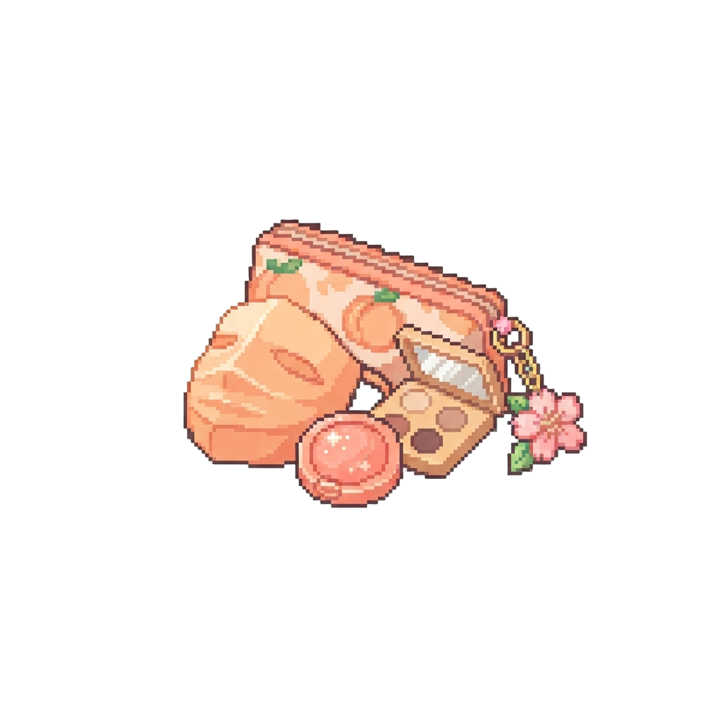 A Peach Skincare Pack with a Soft Peach Face Mask, Pastel Coral Blush, Warm Beige Eyeshadow Palette, and a Peach Blossom Keychain