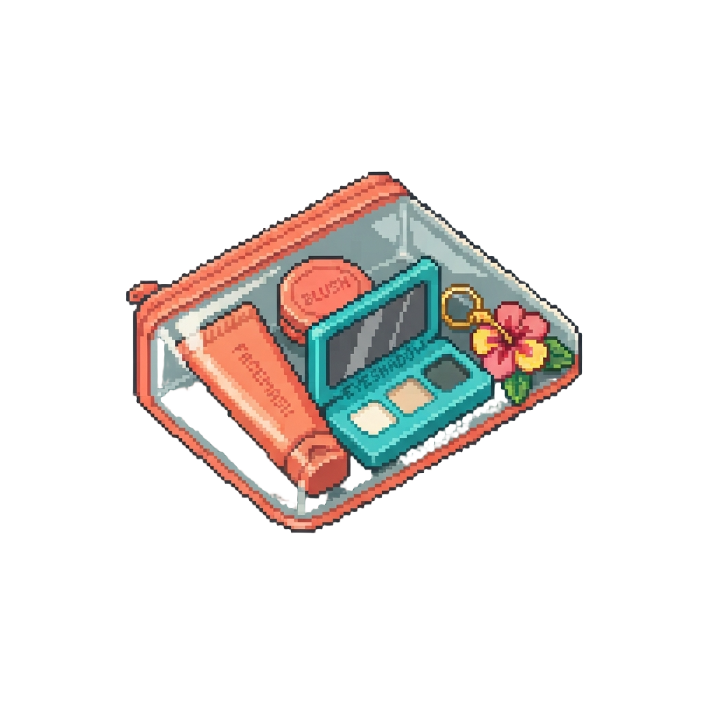 A Tropical Twist Skincare Pack with a Coral Face Mask, Punch Blush, Bright Teal Eyeshadow Palette, and a Hibiscus Keychain