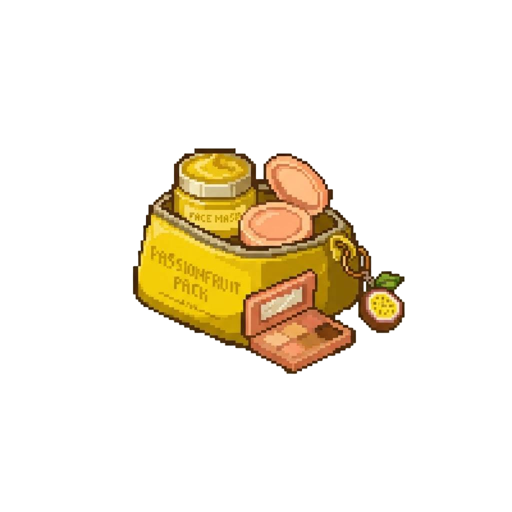 A Passionfruit Skincare Pack with a Golden Yellow Face Mask, Warm Peach Blush, Sunset Eyeshadow Palette, and a Tropical Fruit Keychain