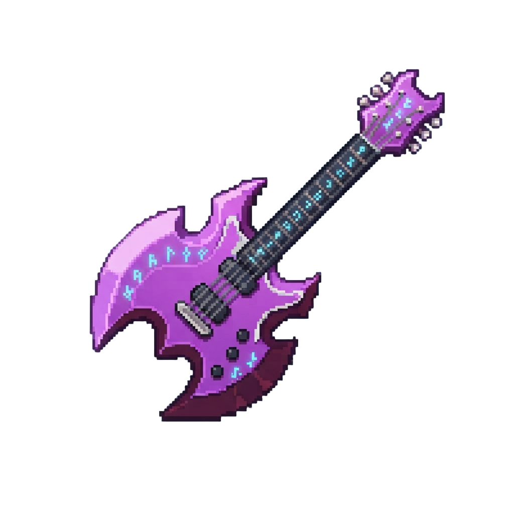 A Neon Purple Axe-shaped Electric Guitar with Glowing Runes