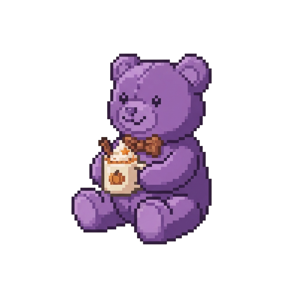 A Giant Plush Purple Gummy Bear Toy with Pumpkin Spice Drink