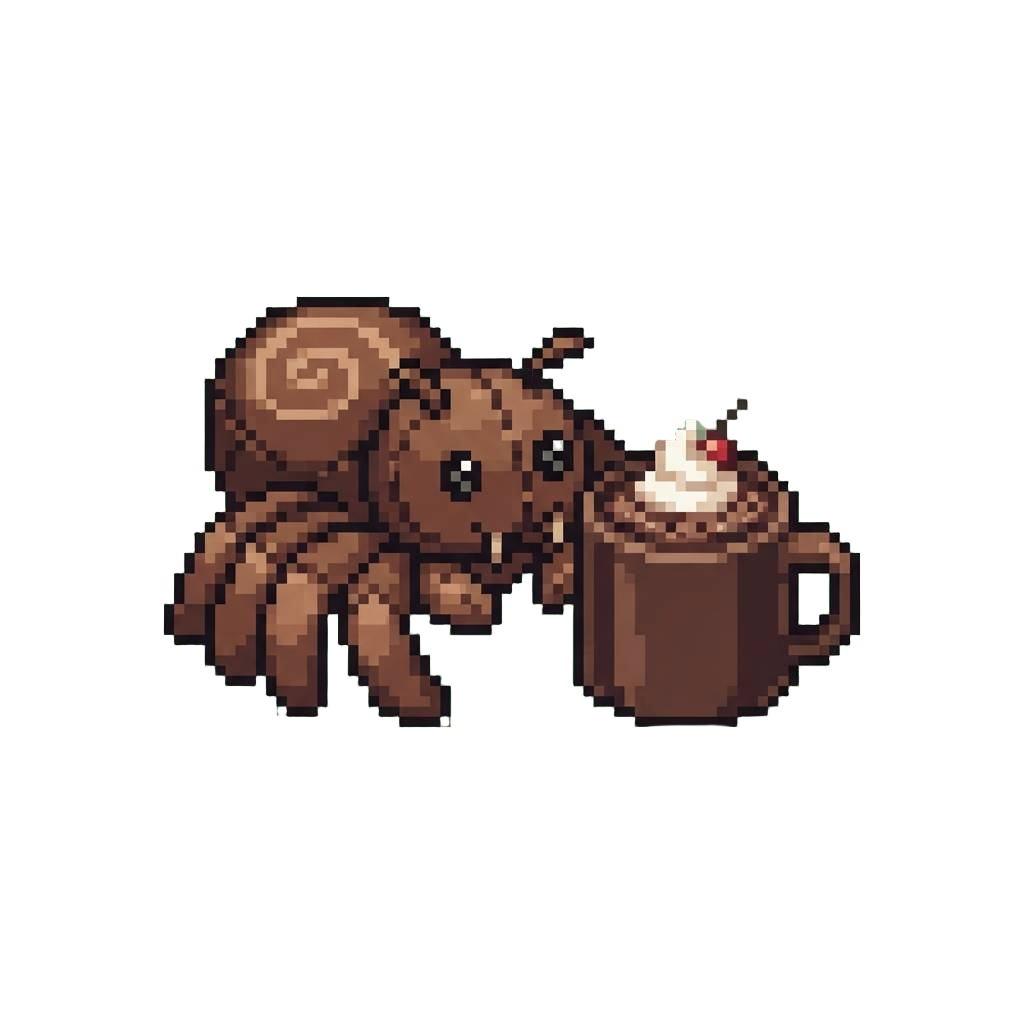 A Giant Plush Chocolate Spider Toy with Dark Cocoa Drink