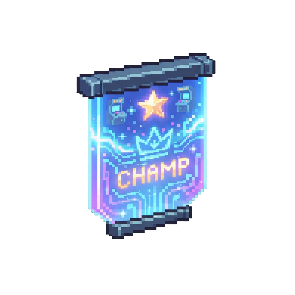 A Pulsing Holographic Arcade Champion Banner