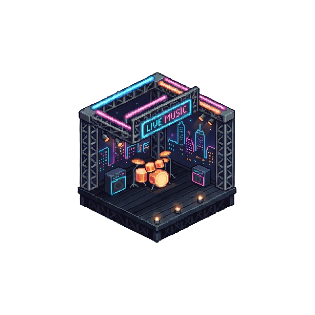 A Blazing Neon City Rooftop Stage