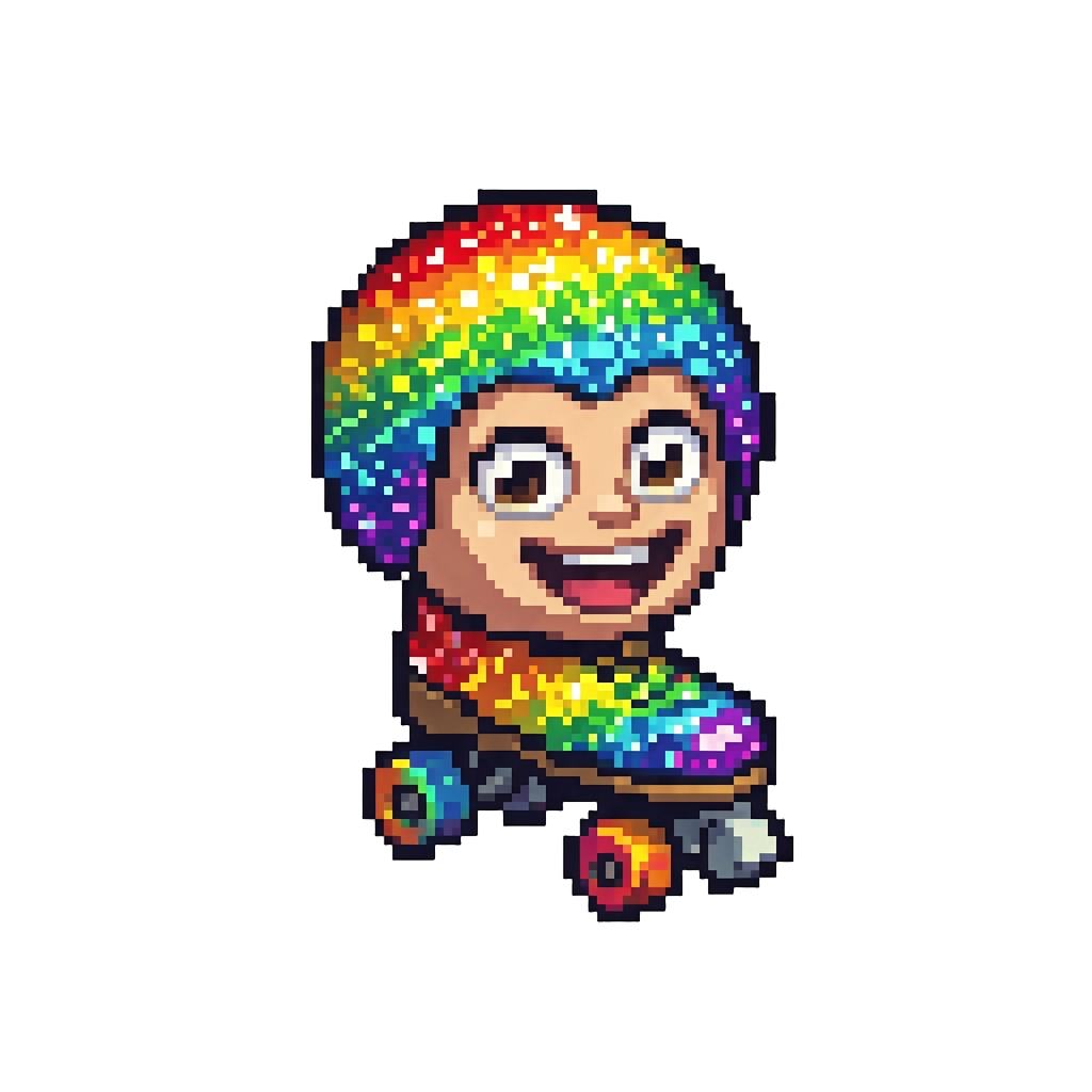 A Hilarious Rainbow-glitter Bobblehead Hybrid Balancing on One Roller Skate