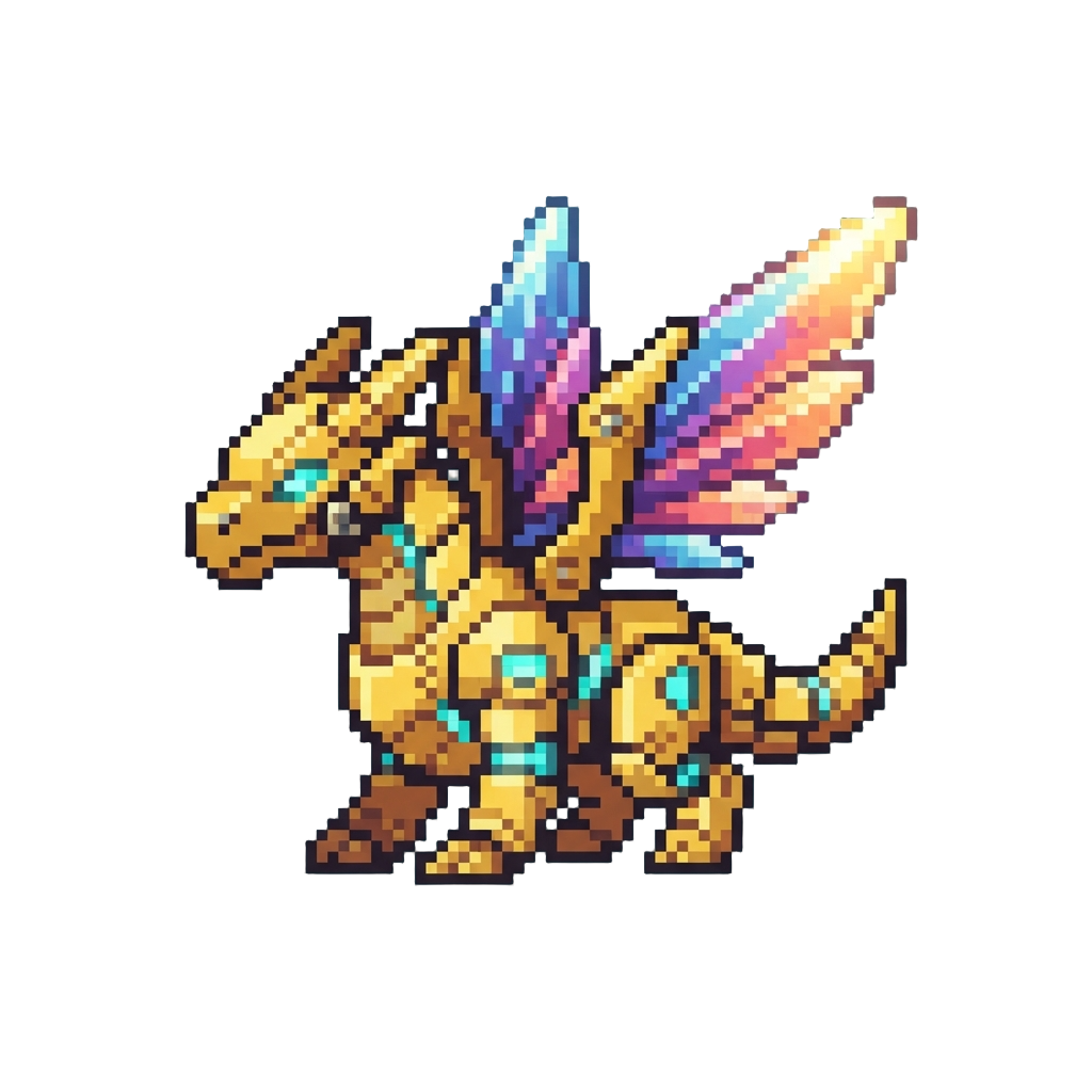 A Glowing Golden Celestial Dragon-mech with Prismatic Crystal Wings