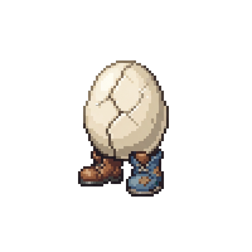 A Tiny Cracked Ceramic Egg Wearing Comically Tiny Mismatched Boots