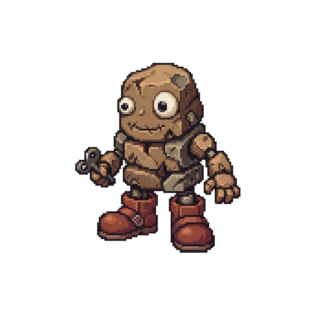 A Squeaky Mini-golem with Mismatched Googly Eyes and Cartoon Boots