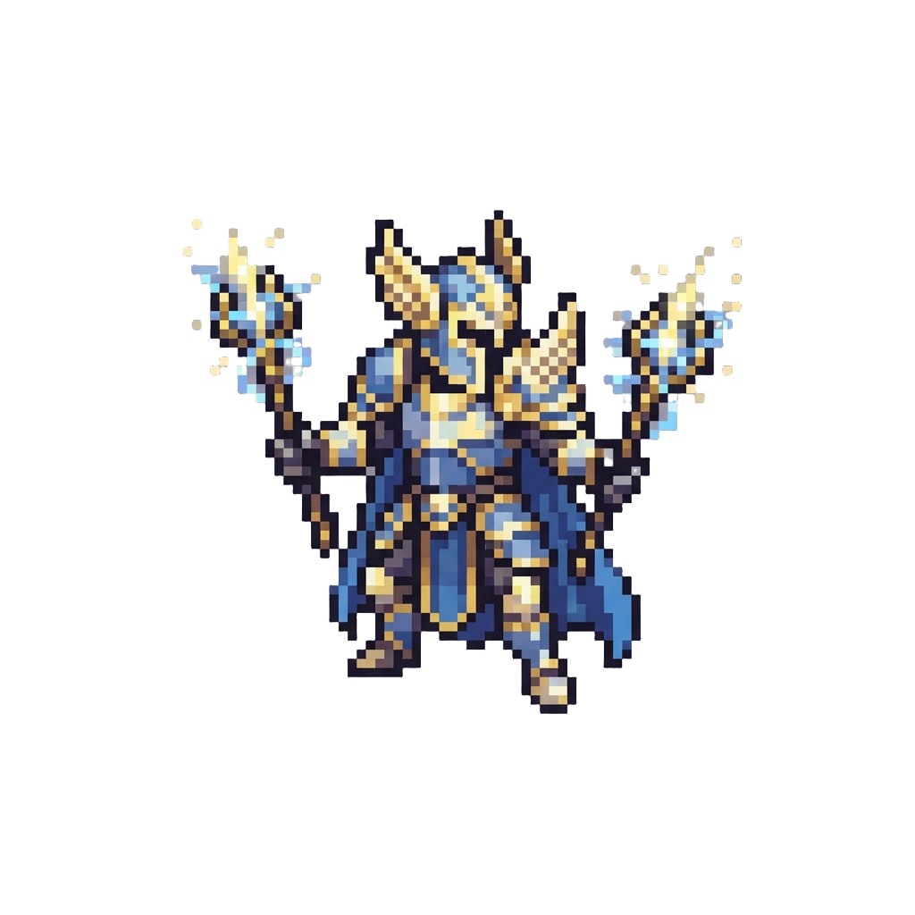 A Radiant Armored Thunder-paladin Wielding Twin Spark Scepters