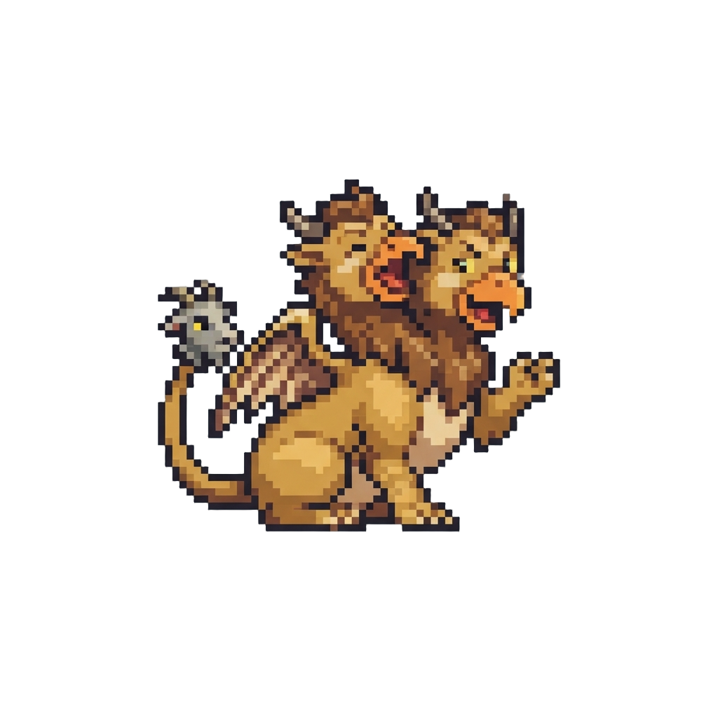 A Two-headed Goofy Chimera Happily Arguing with Its Own Tail