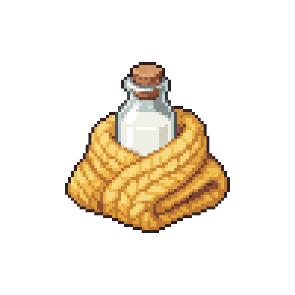 A Tiny Glass Milk Bottle and a Warm Yellow Knitted Blanket