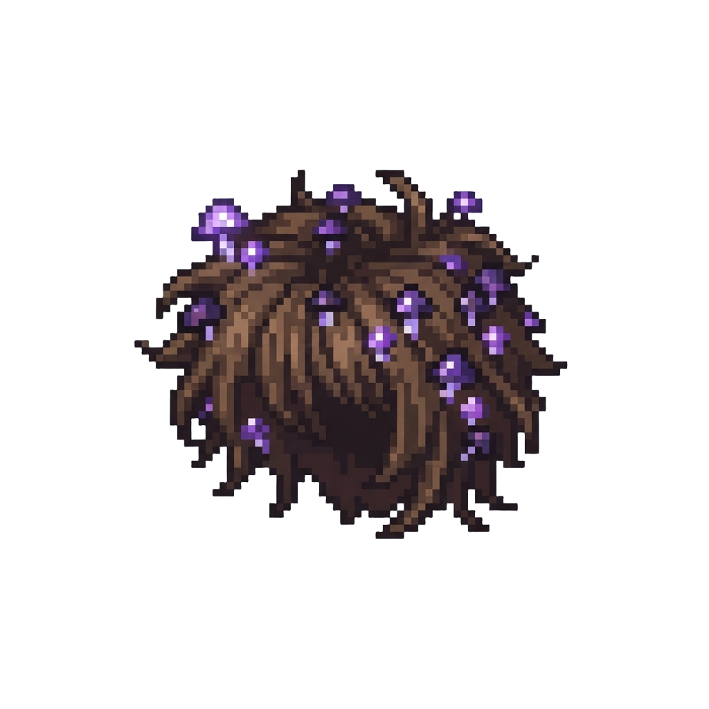 A Messy Wild Mop of Hair Covered in Glowing Tiny Purple Toadstools