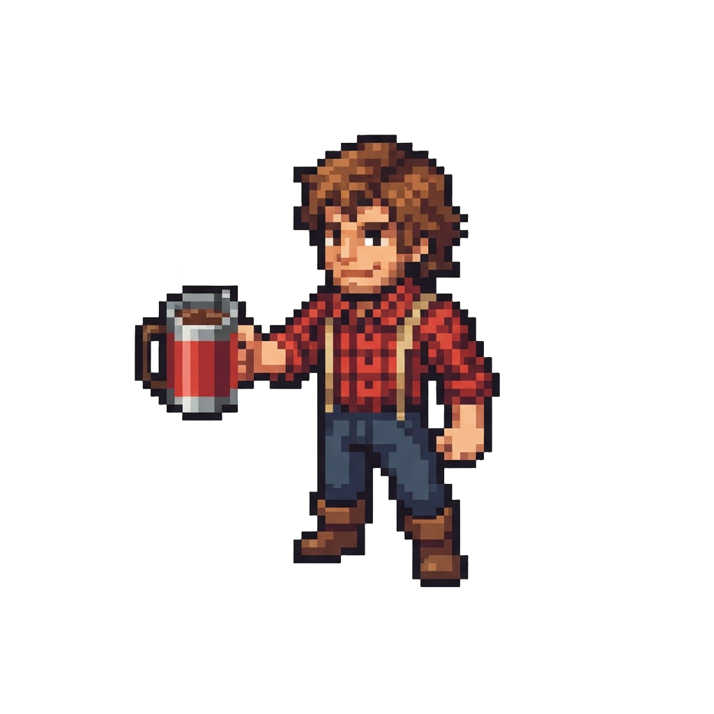 A Dashing Suspenders-wearing Lumberjack Hero Holding Out a Cozy Thermal Mug of Hot Cocoa