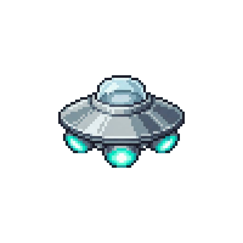 A Chrome Flying Saucer with Neon Turquoise Pulsing Thrusters