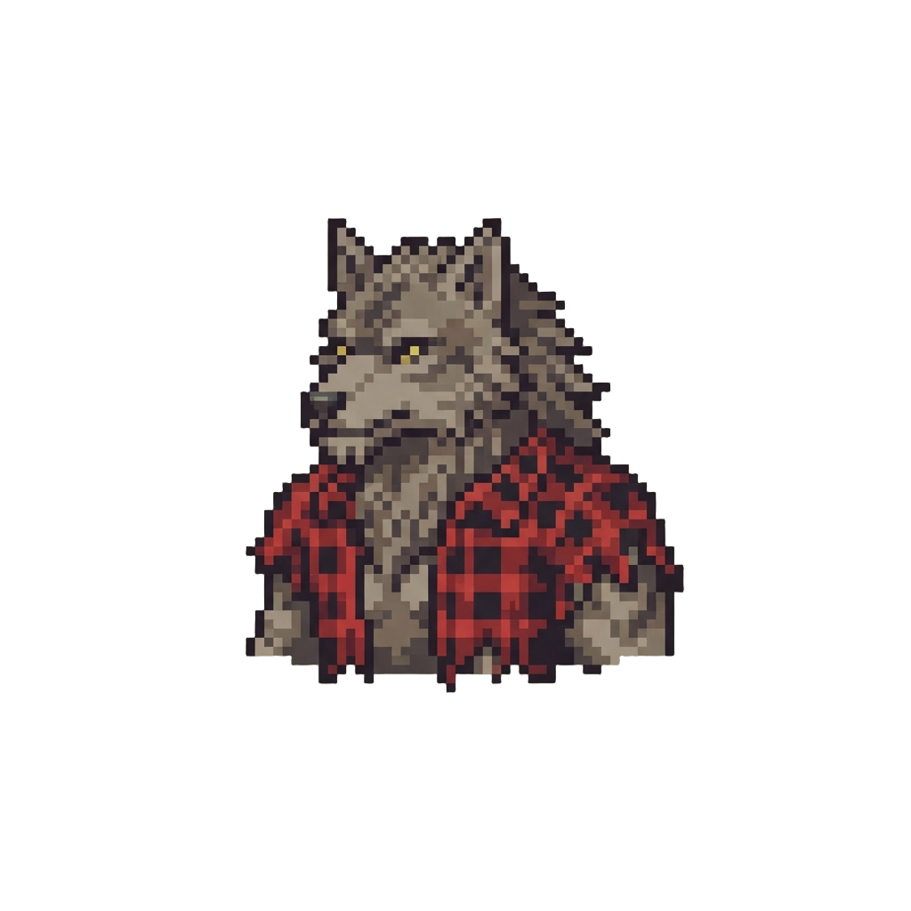 A Shaggy Timberwolf Werewolf Sporting a Shredded Flannel Camp Shirt