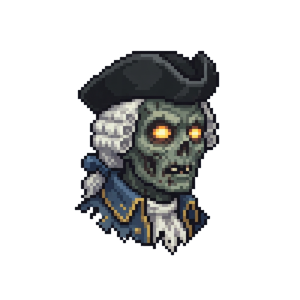 A Powdered-wig Colonial Zombie with Hollow Glowing Eye Sockets