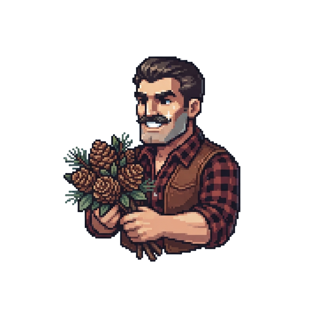 A Chiseled Silver-screen Lumberjack Hero with a Sparkling Smile and a Bouquet of Pinecone Roses