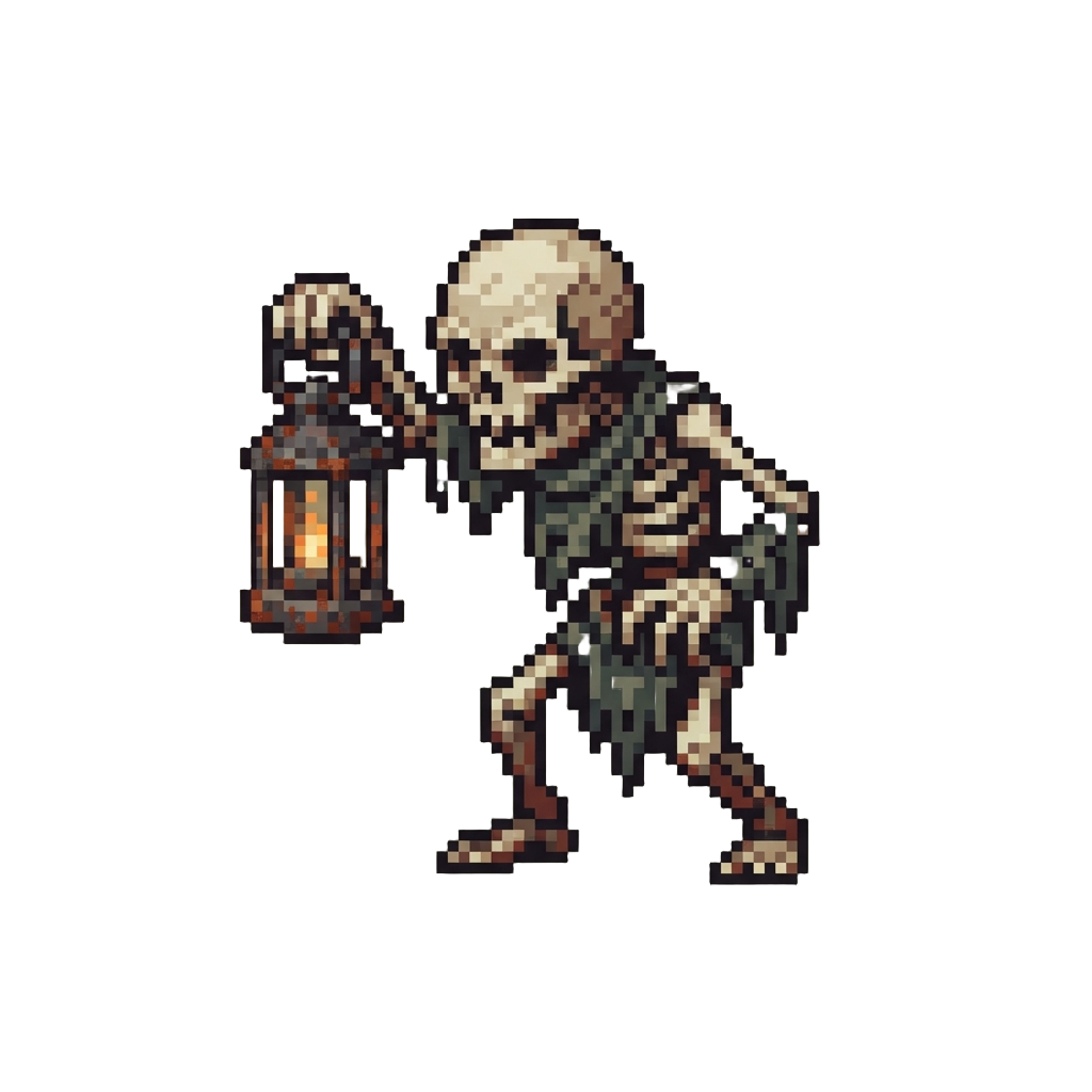 A Skeletal Zombie Clutching a Rusty Miniature Iron Lantern