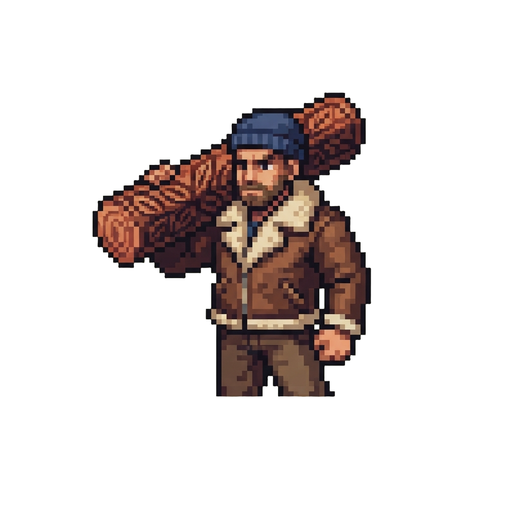 A Ruggedly Handsome Lumberjack Hero in a Shearling Jacket Carrying an Ornate Carved Cedar Log