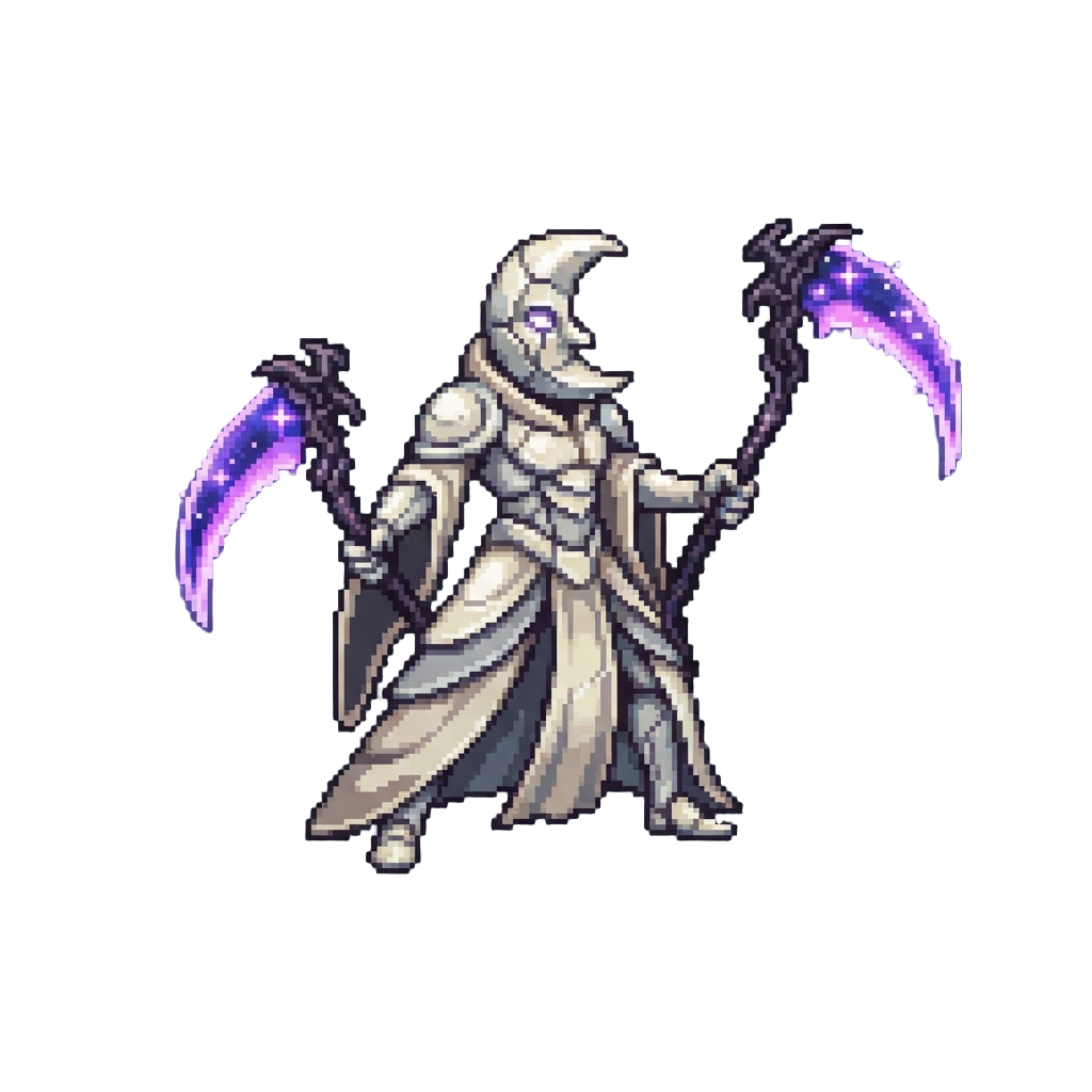 A Towering Porcelain Moon-reaper Wielding Twin Scythes of Freezing Purple Starlight