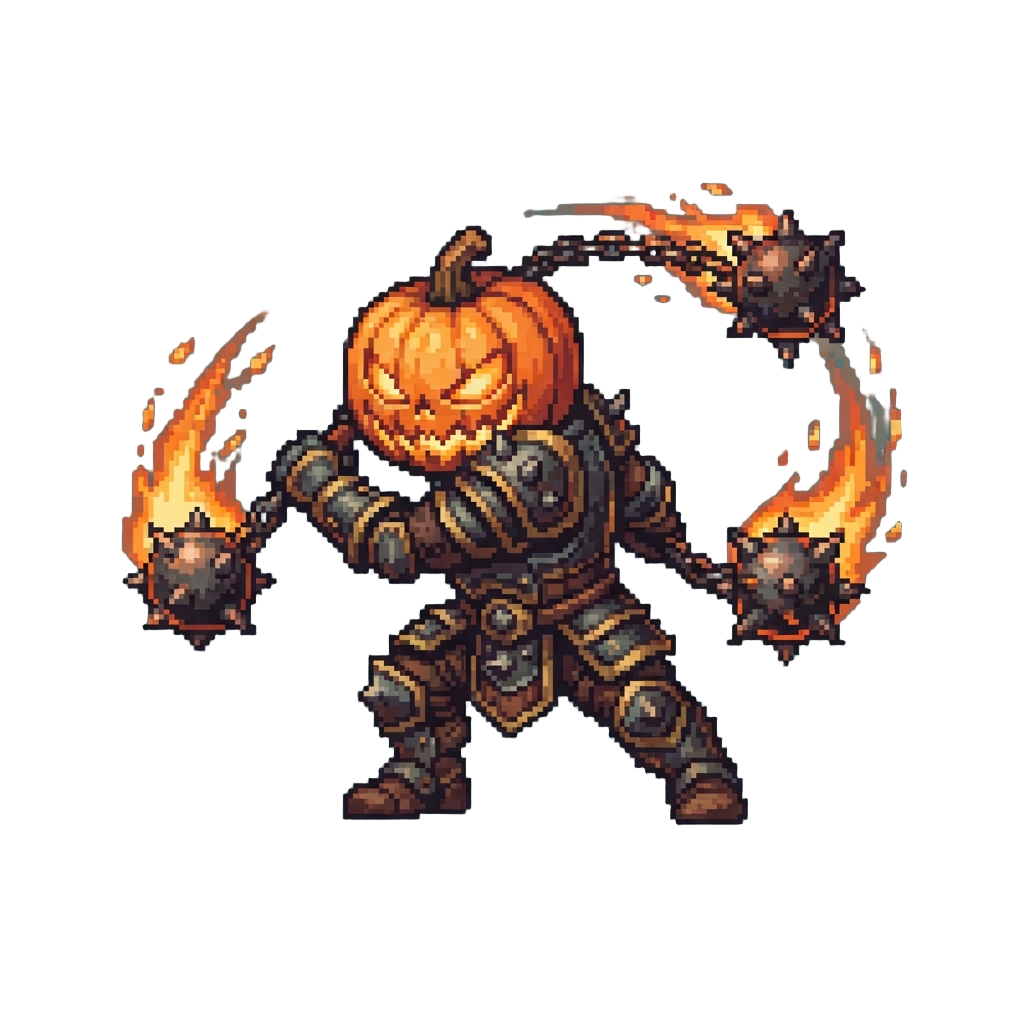 An Armored Pumpkin Berserker Swinging Heavy Spiked Chain-maces Ablaze with Orange Fire