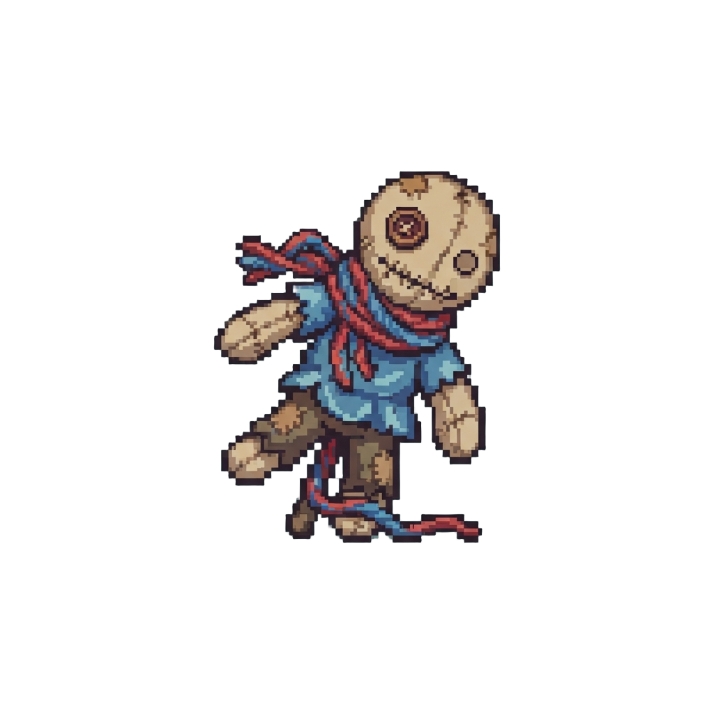A Squeaky Ragdoll Scarecrow Missing One Button Eye That Trips Over Its Own Yarn Scarf