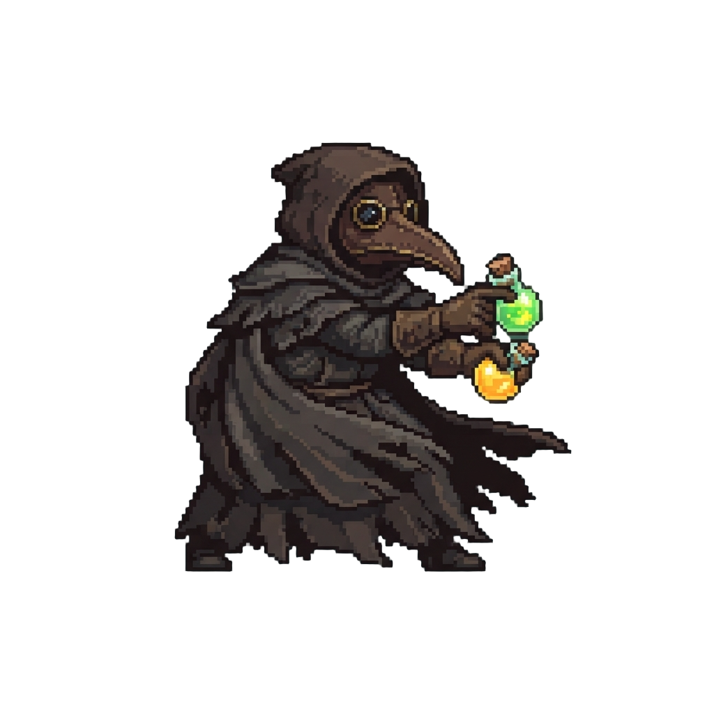 A Swift Plague Doctor Wrapped in Dark Tattered Cloaks Brandishing Glowing Alchemical Mist Vials