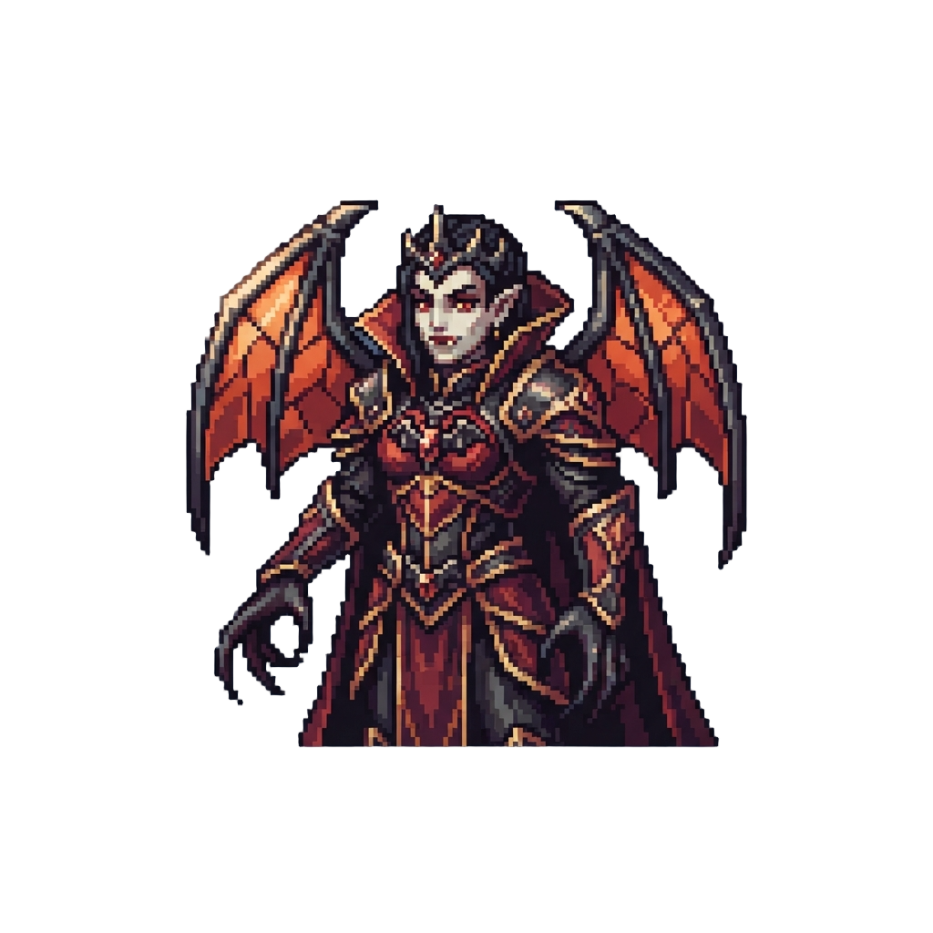 A Regal Vampire Archon Adorned with Blood-orange Stained-glass Wings and Shadow Claws