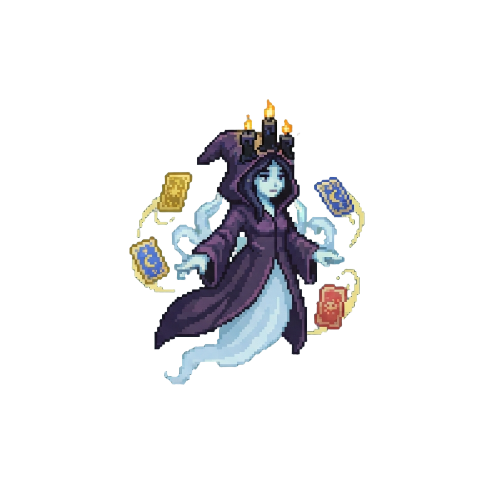 A Floating Spectral Witch Crowned with Burning Black Candles and Swirling Tarot Talismans