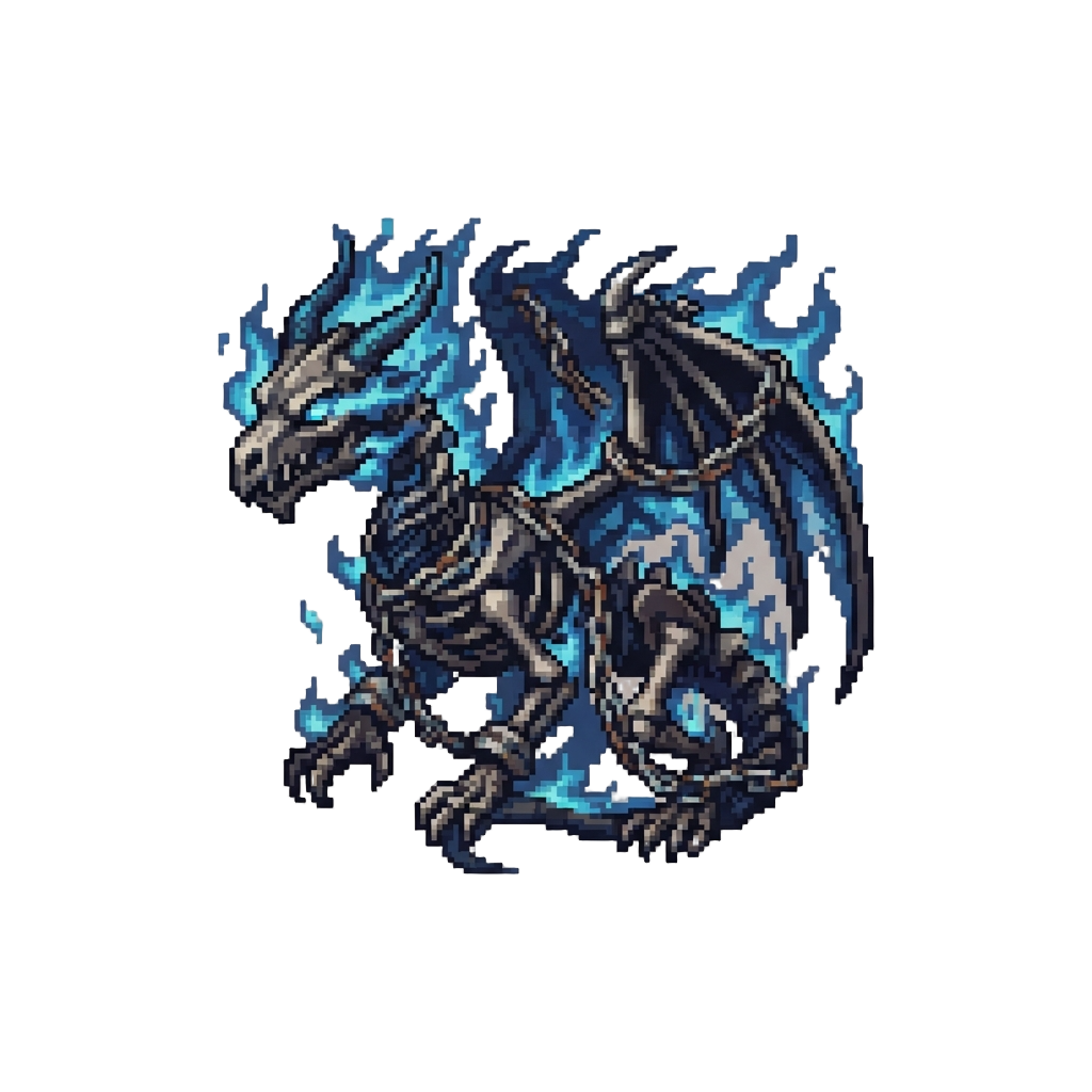 A Skeletal Nightmare Dragon Cloaked in Midnight-blue Spectral Flames and Ancient Crypt Chains