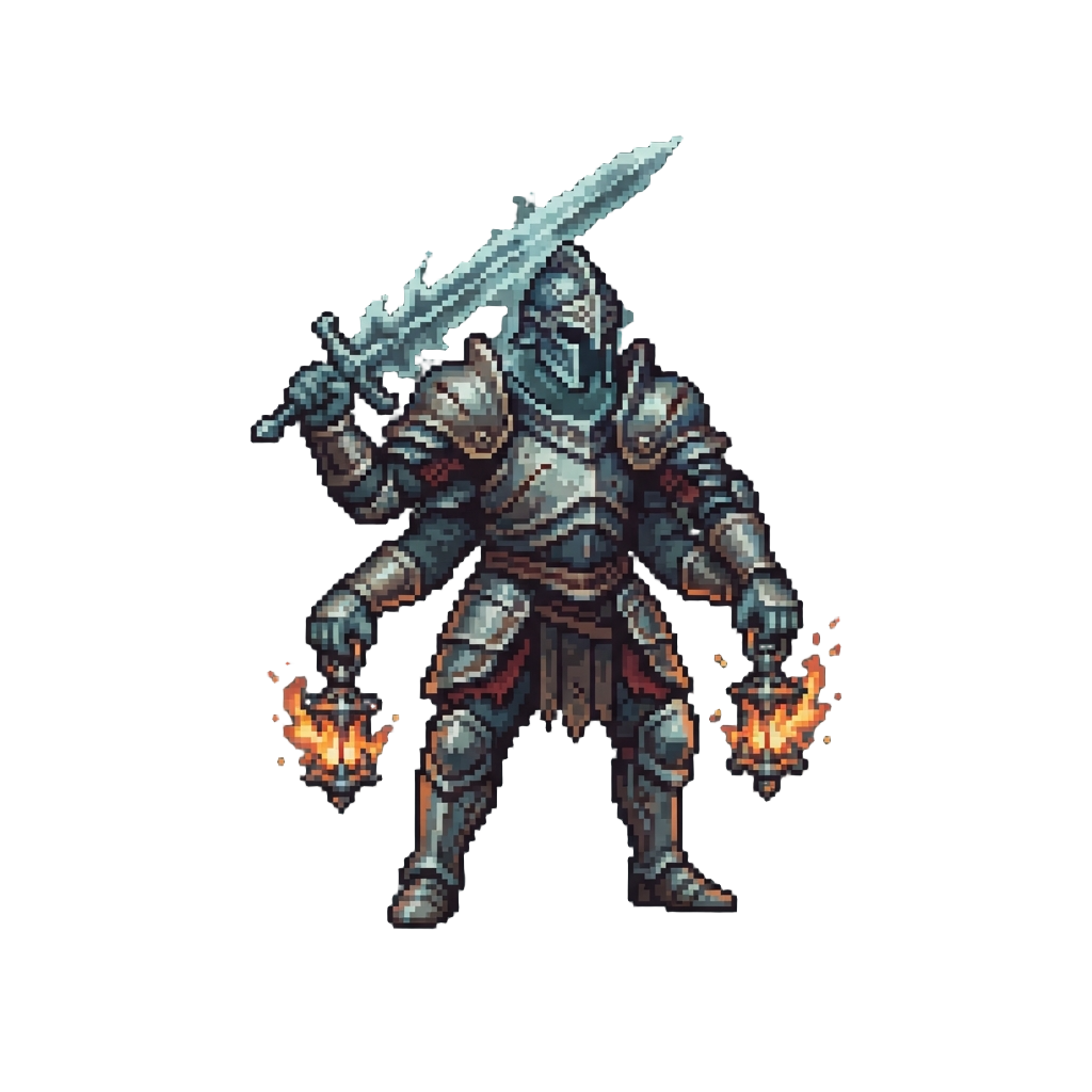 A Four-armed Phantom Warlord Clad in Tarnished Silver Armor and Burning Soul-brand Lanterns
