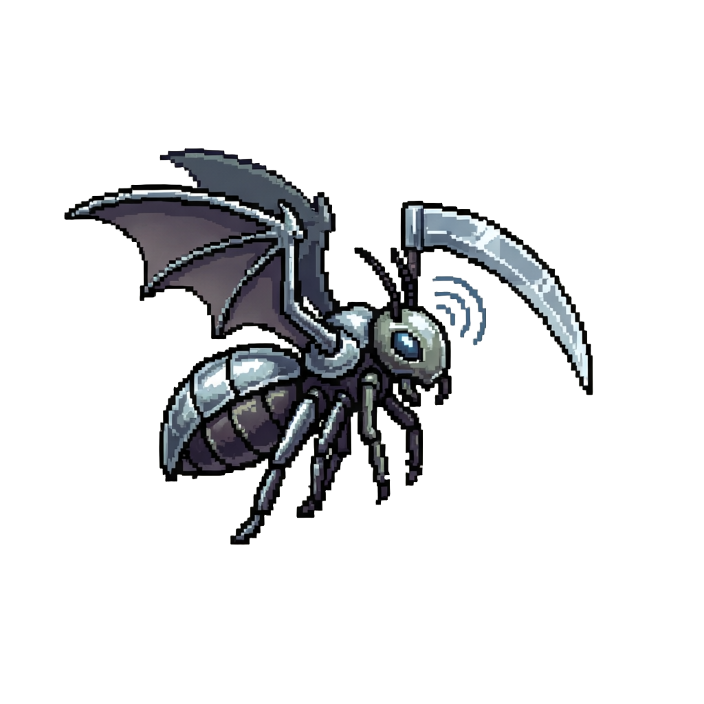 A Sleek Bat-winged Insectoid Stalker with Chrome Scythe Arms and Sonic Wave Crests