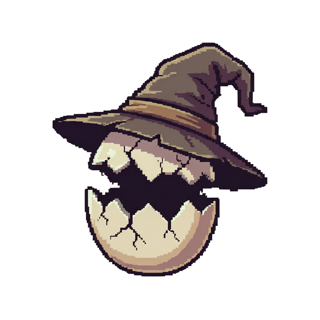 A Wobbling Cracked-eggshell Ghost Wearing an Oversized Witch Hat That Falls Over Its Face