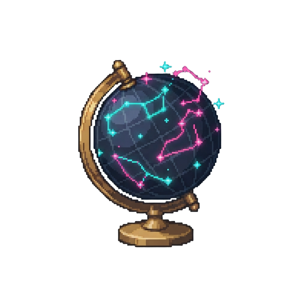A Star-chart Globe Spinning with Floating Neon Constellations