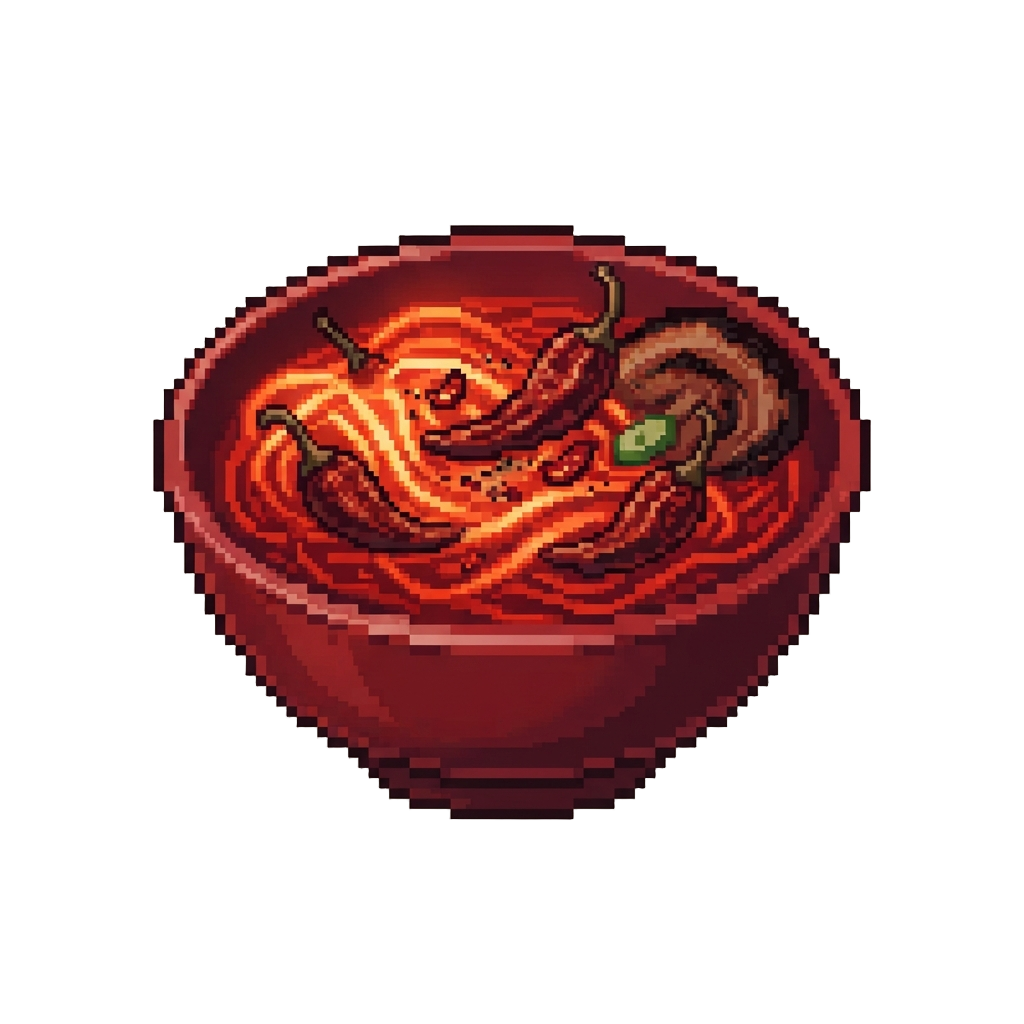An Infernal Reaper Chili Ramen Glowing Bright Crimson with Whole Dried Peppers