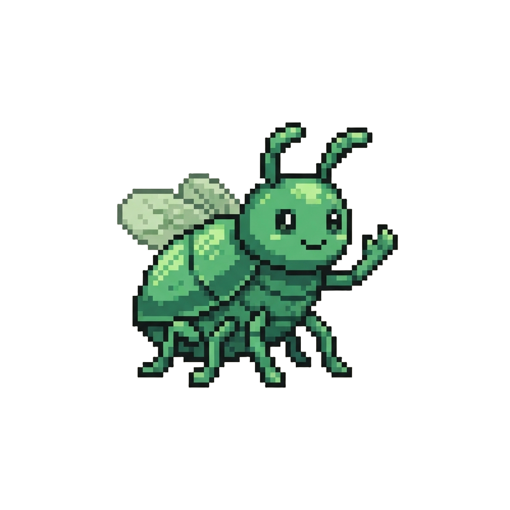 A Small Emerald Green Bug Waving Cheerfully