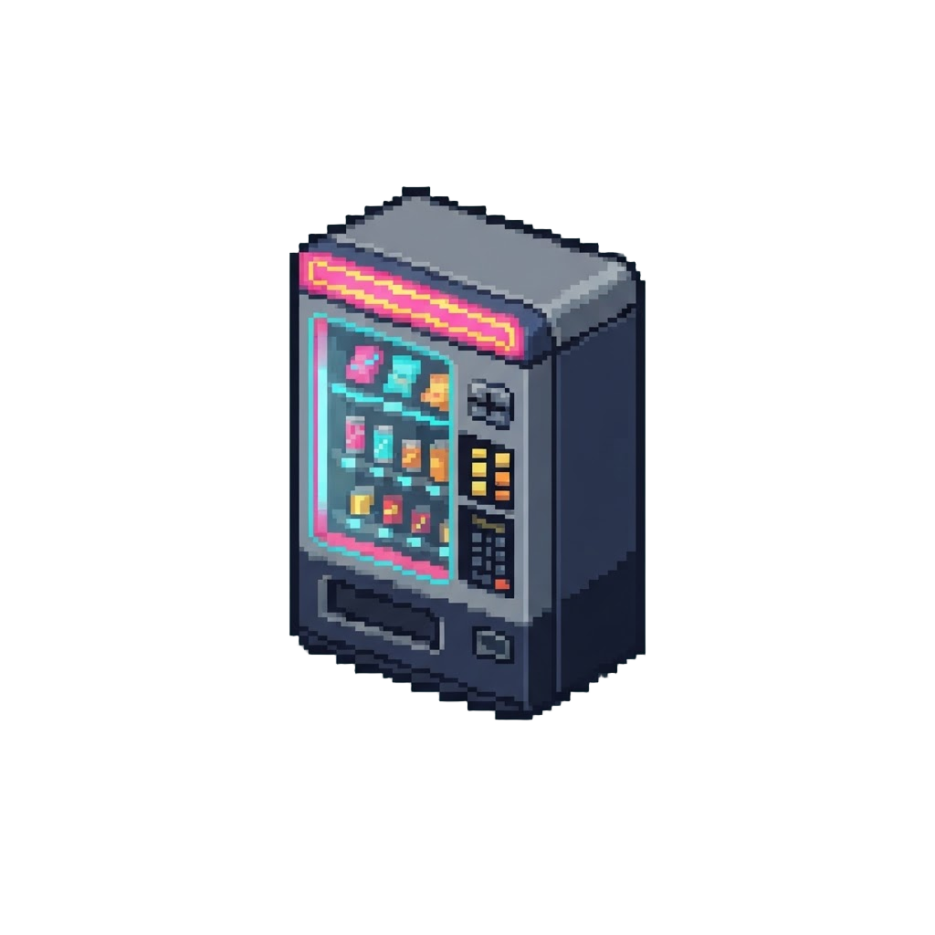 A Floating Vending Machine Lit Up in Retro Neon