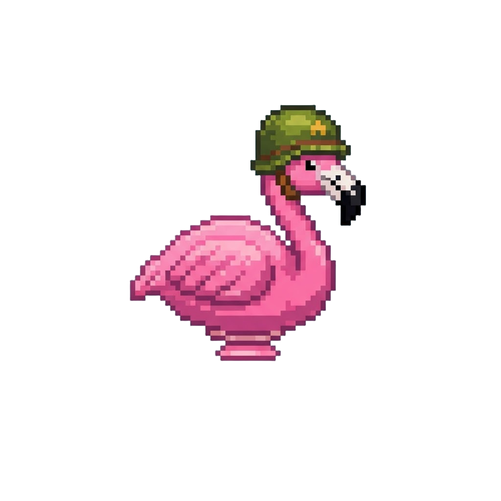 A Floating Porcelain Lawn Flamingo Wearing a Mini Helmet