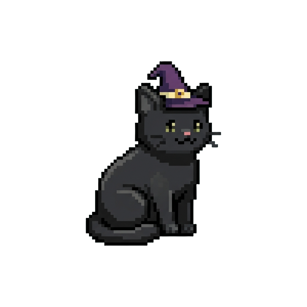 A Sleek Black Cat with a Tiny Witch Hat
