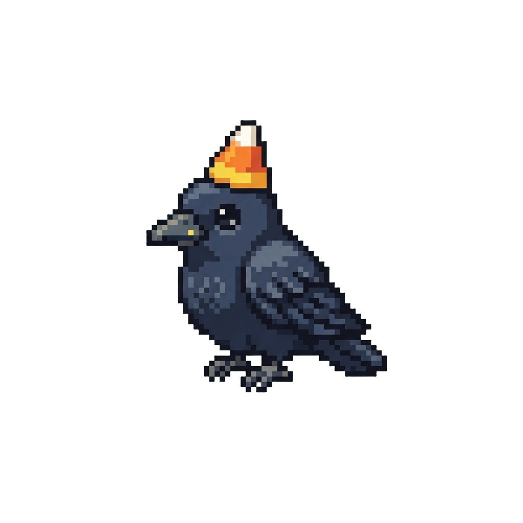 A Small Friendly Raven Wearing a Candy-corn Hat