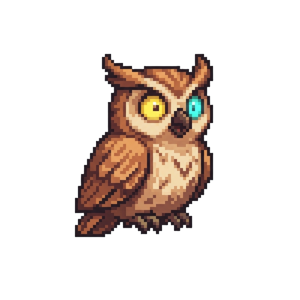 A Startled Little Owl with Mismatched Glowing Eyes