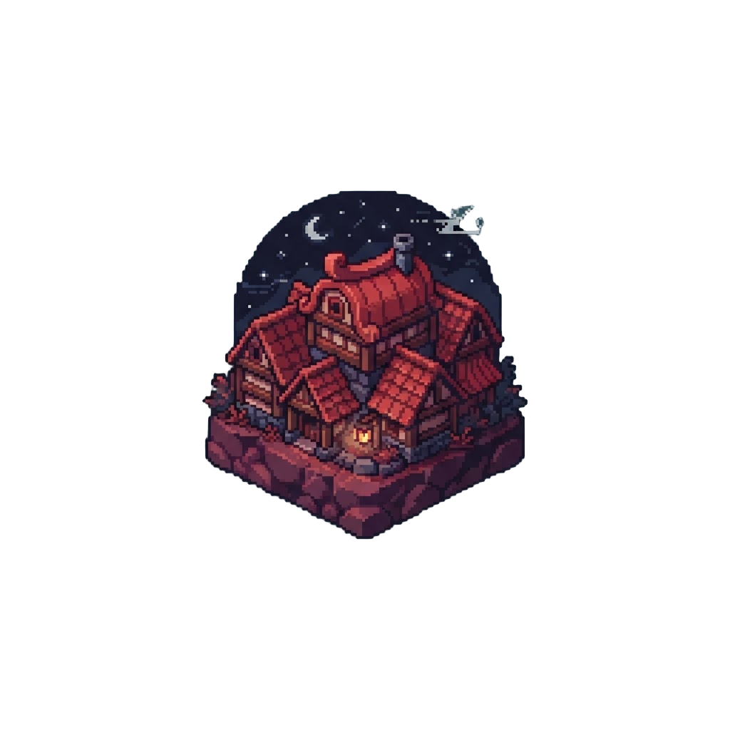 A Dreamlike Crimson Rooftop Landscape Beneath a Dark Sky