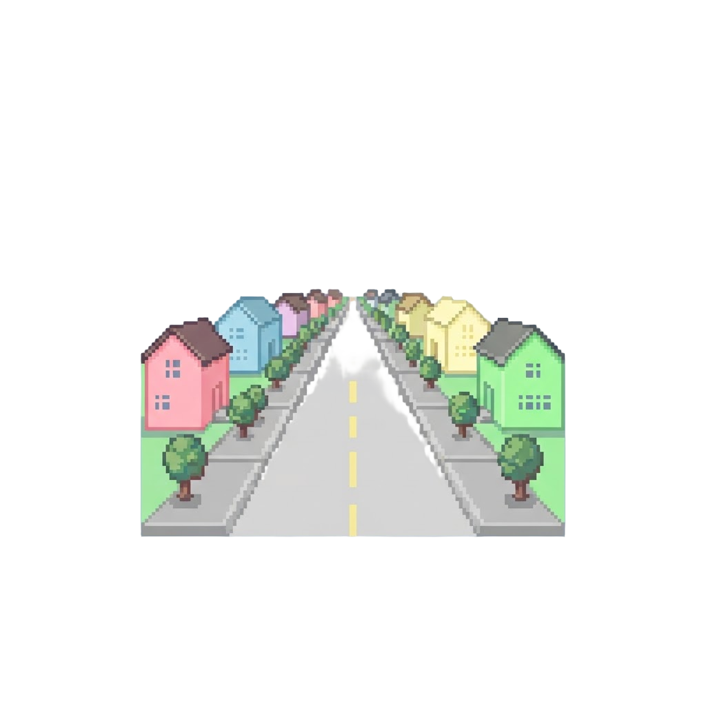 A Bright Pastel Suburban Avenue Stretching Into Infinity