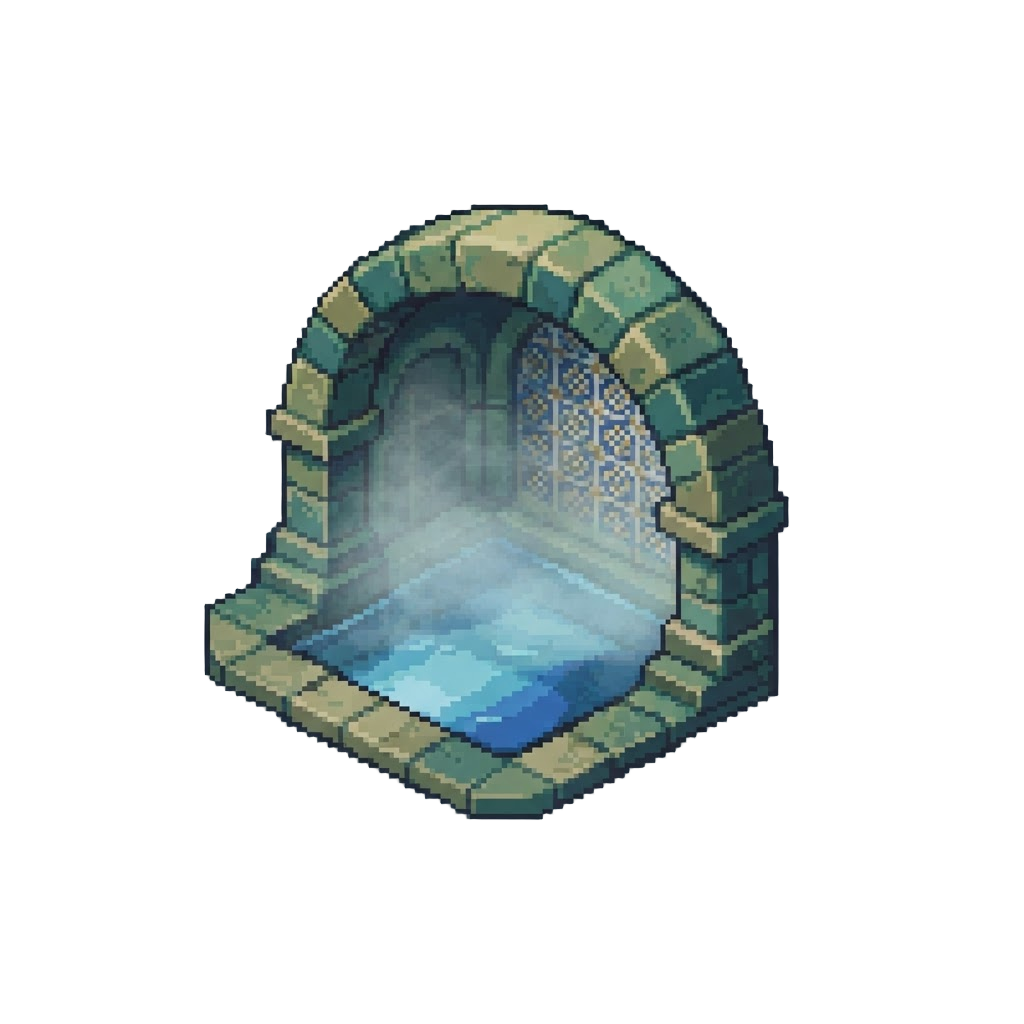 A Misty Indoor Pool Beneath a Tiled Archway